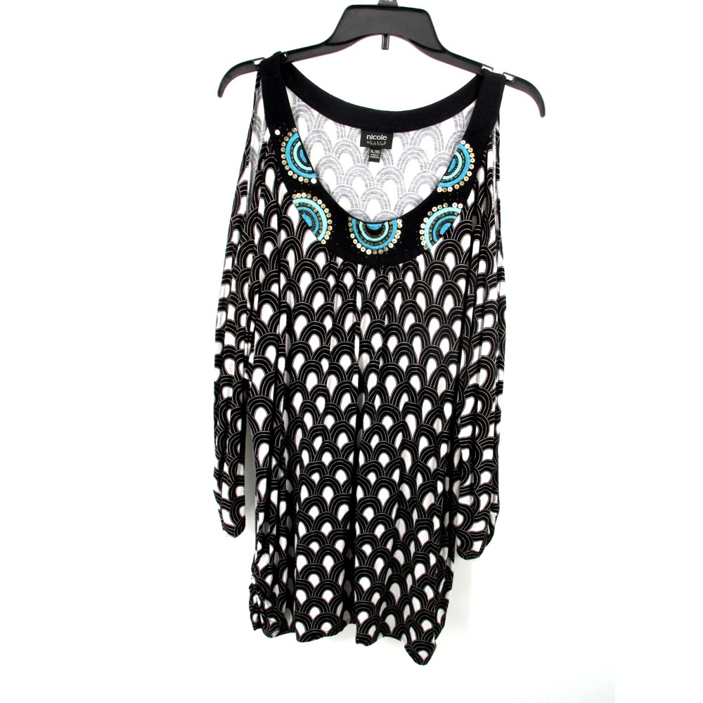 NICOLE MILLER Midi Tunic Dress Women XL Black White Embroidery Bohemian Mosaic